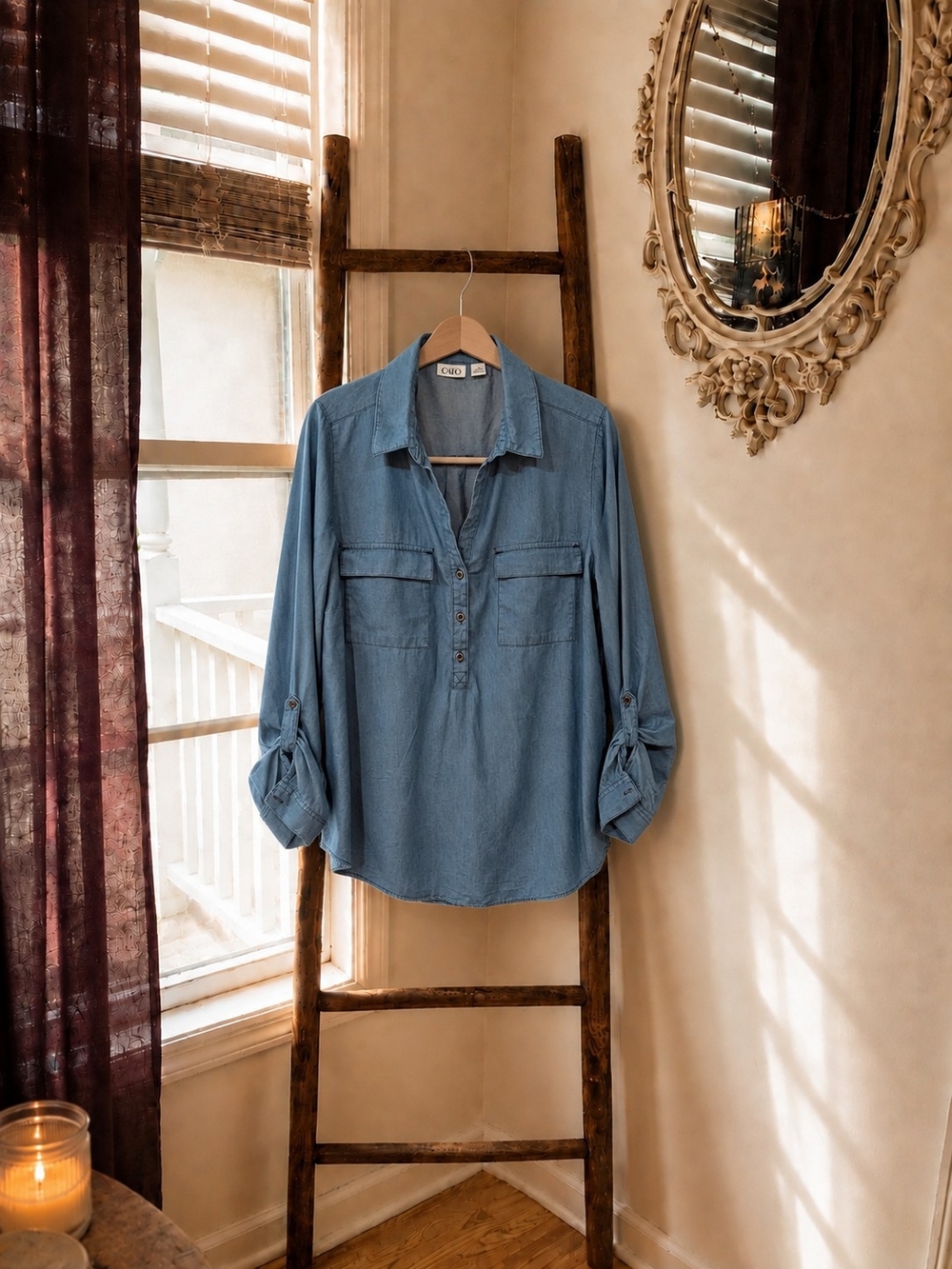 Blue Cotton Chambray Shirt Utility Pocket Roll Tab Sleeves